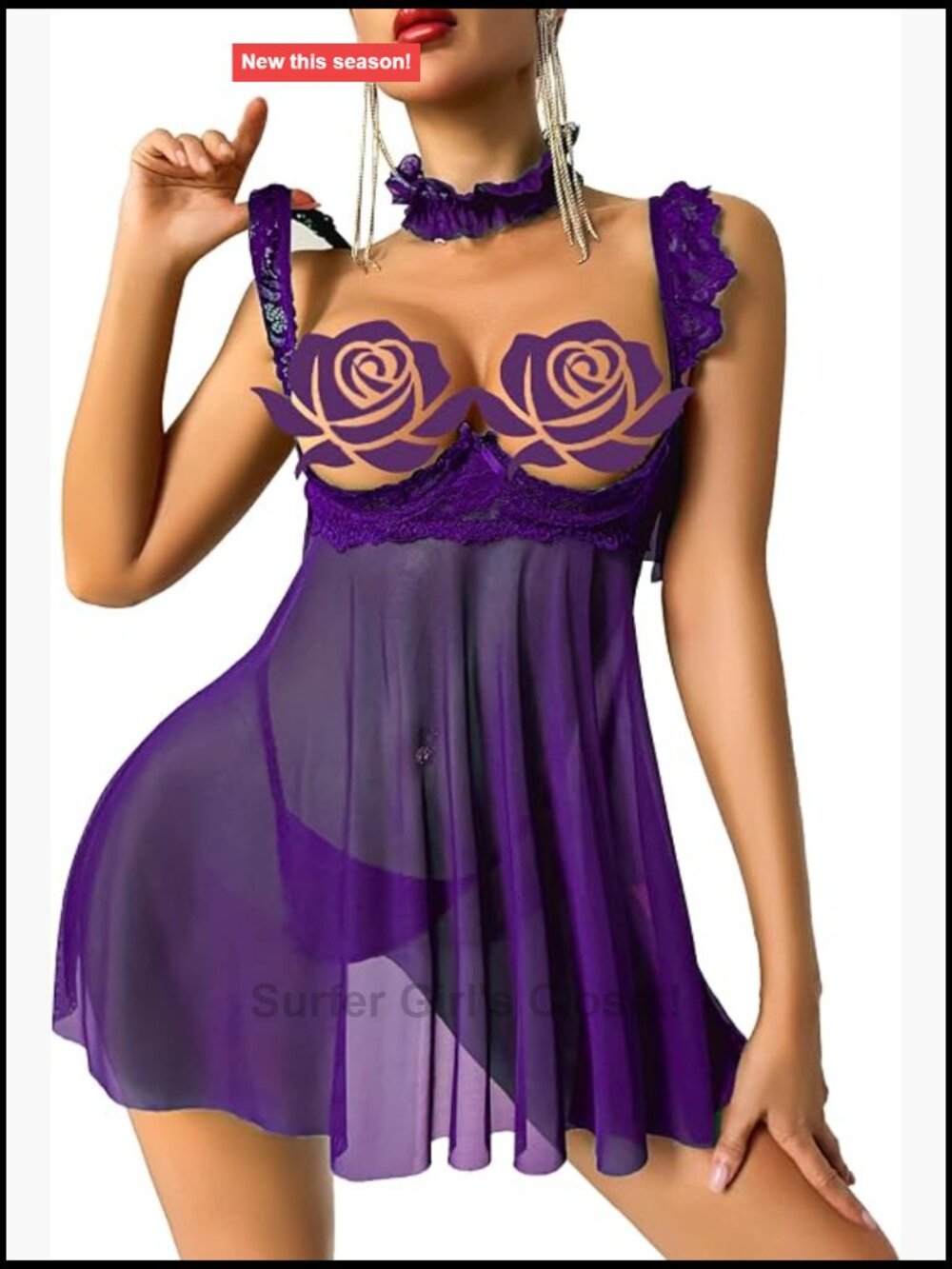 Sheer Lace V-Neck Push-Up Babydoll Chemise Mini Slip